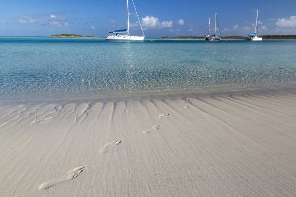Bahamas, Exuma Island Footprints and sailboats